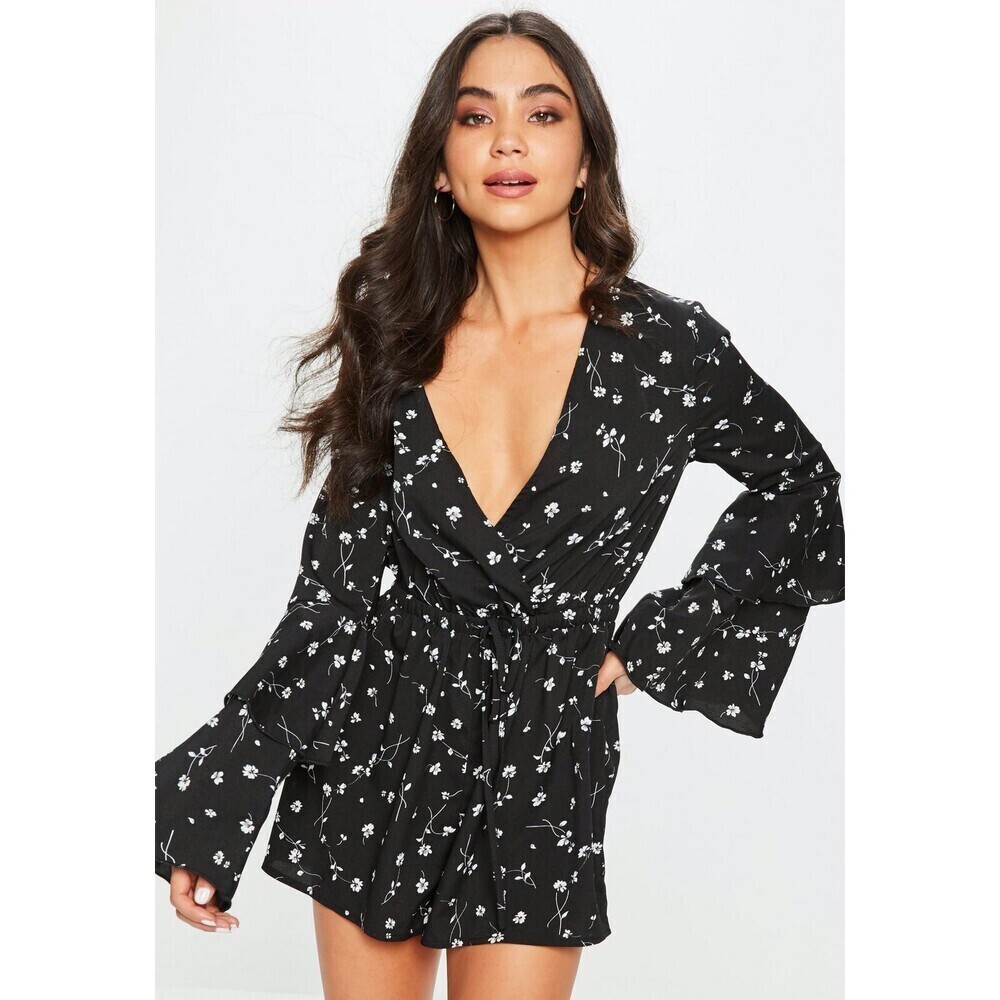 Missguided Women's Drawstring Romper Playsuit Floral Printed Black Size 4 US